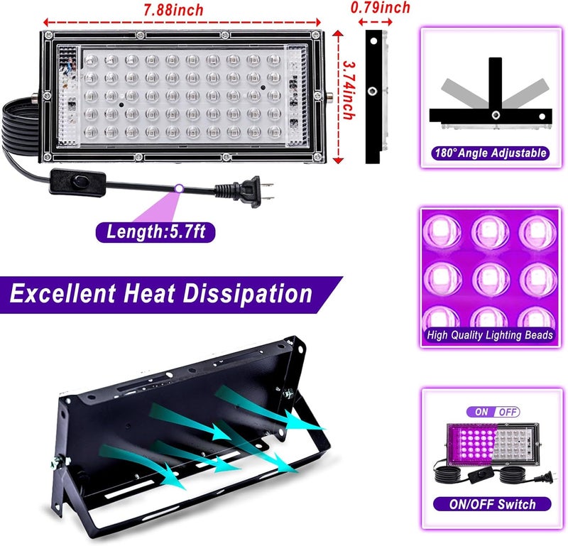Akpgf Store 4 عبوة 50 واط ضوء أسود، ضوء فيضان LED مع قابس أمريكي ومفتاح، أضواء سوداء لحفلة توهج، هالوين، رسم على الجسم، حفلة عيد ميلاد، رسم فلوريسنت وتنجيد فلوريسنت - Image 2